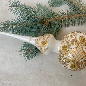 Big white Vintage Christmas glass tree topper 12 inches, tree topper antique Christmas ornaments, handmade XMAS glass finial, glitted topper