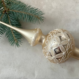 Big beige Vintage Christmas glass tree topper 12 inches, tree topper antique Christmas ornaments, handmade XMAS glass finial, glitted topper