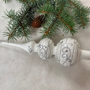 Big white Vintage Christmas glass tree topper 12 inches, tree topper antique Christmas ornaments, handmade XMAS glass finial, glitted topper