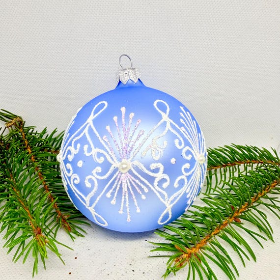 Blaue Weihnachtskugeln mit Muster, Glitter Ornamente, Glaskugeln Geblasen, Handgemachte Bemalte Weihnachtskugeln, Geschenk 2025