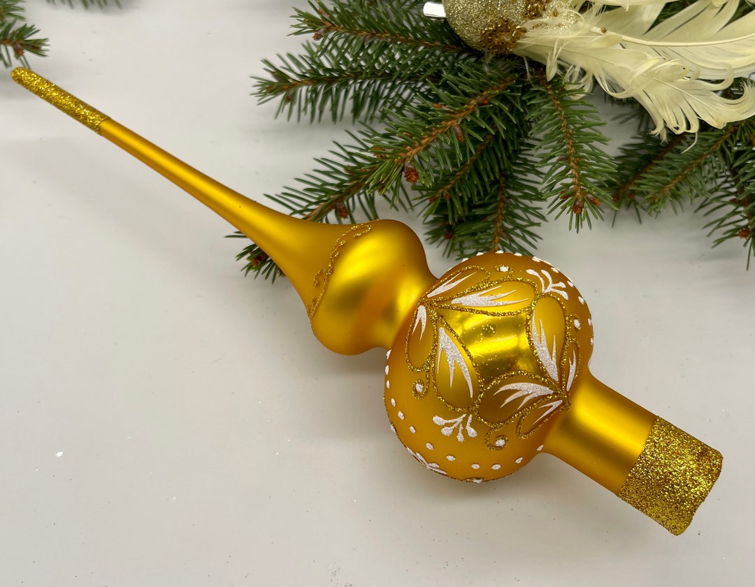 Gold Vintage Christmas Glass Tree Topper 12 Inches, Stained Glass Tree