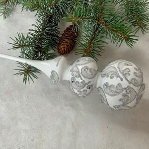 Big white Vintage Christmas glass tree topper 12 inches, tree topper antique Christmas ornaments, handmade XMAS glass finial, glitted topper
