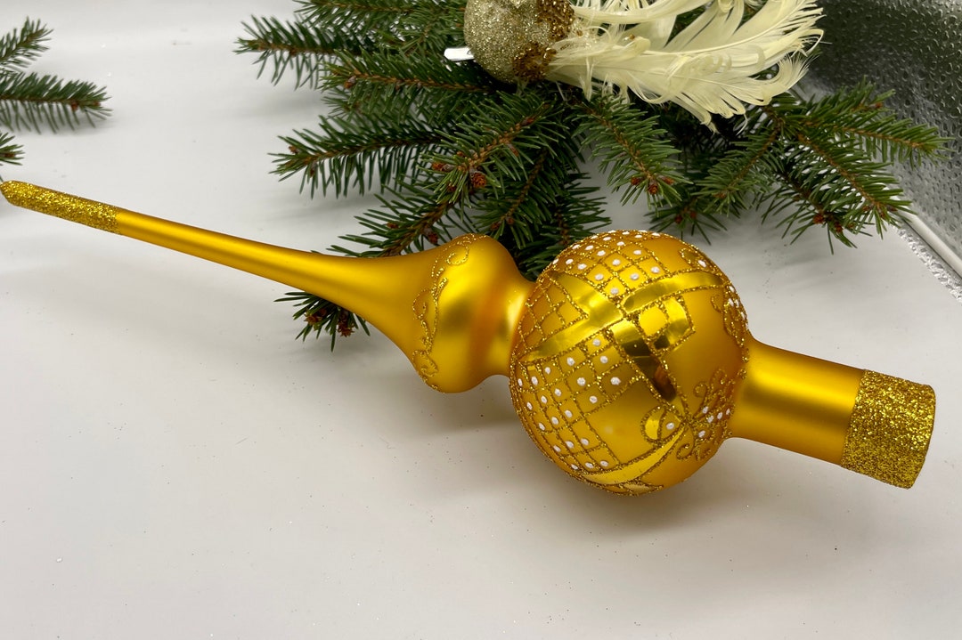 Gold Vintage Christmas Glass Tree Topper 12 Inches, Stained Glass Tree