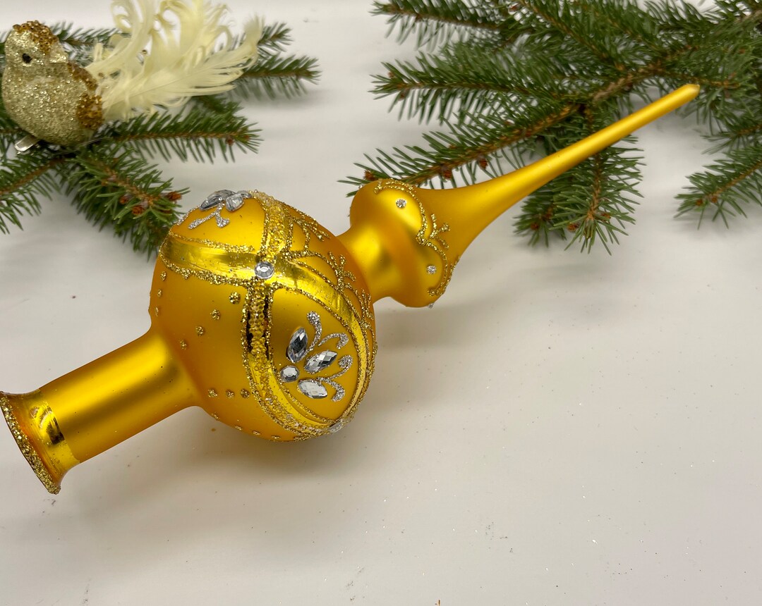 GOLD Vintage Christmas Glass Tree Topper 12 Inches, Stained Glass Tree