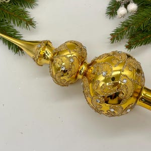 Big gold Vintage Christmas glass tree topper 12 inches, tree topper antique Christmas ornaments, handmade XMAS glass finial, glitted topper