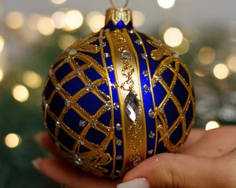 青色の模様入りクリスマスガラスボール、グリッタークリスマス