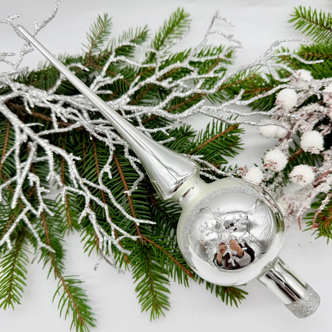 Silver Vintage Christmas Glass Tree Topper 9'', Stained Glass Tree ...