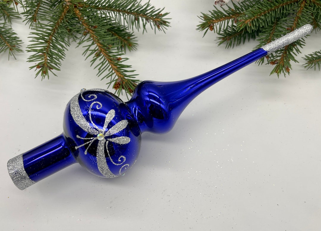 Blue Vintage Christmas Glass Tree Topper 12 Inches, Stained Glass Tree