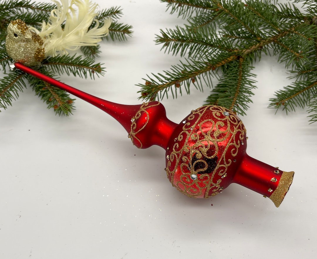 Vintage Red Christmas Glass Tree Topper 12 Inches, Stained Glass Tree