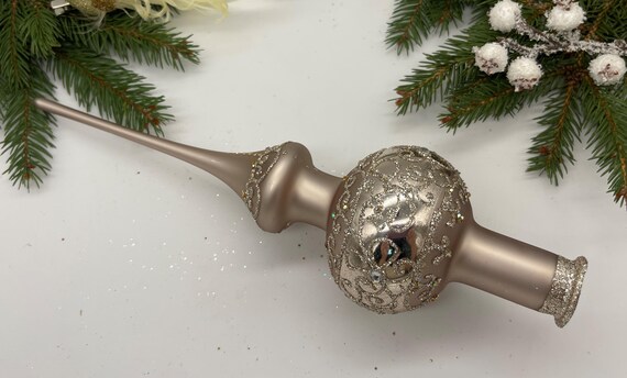 ヴィンテージカカオクリスマスガラスツリートッパー9インチ、ステンド