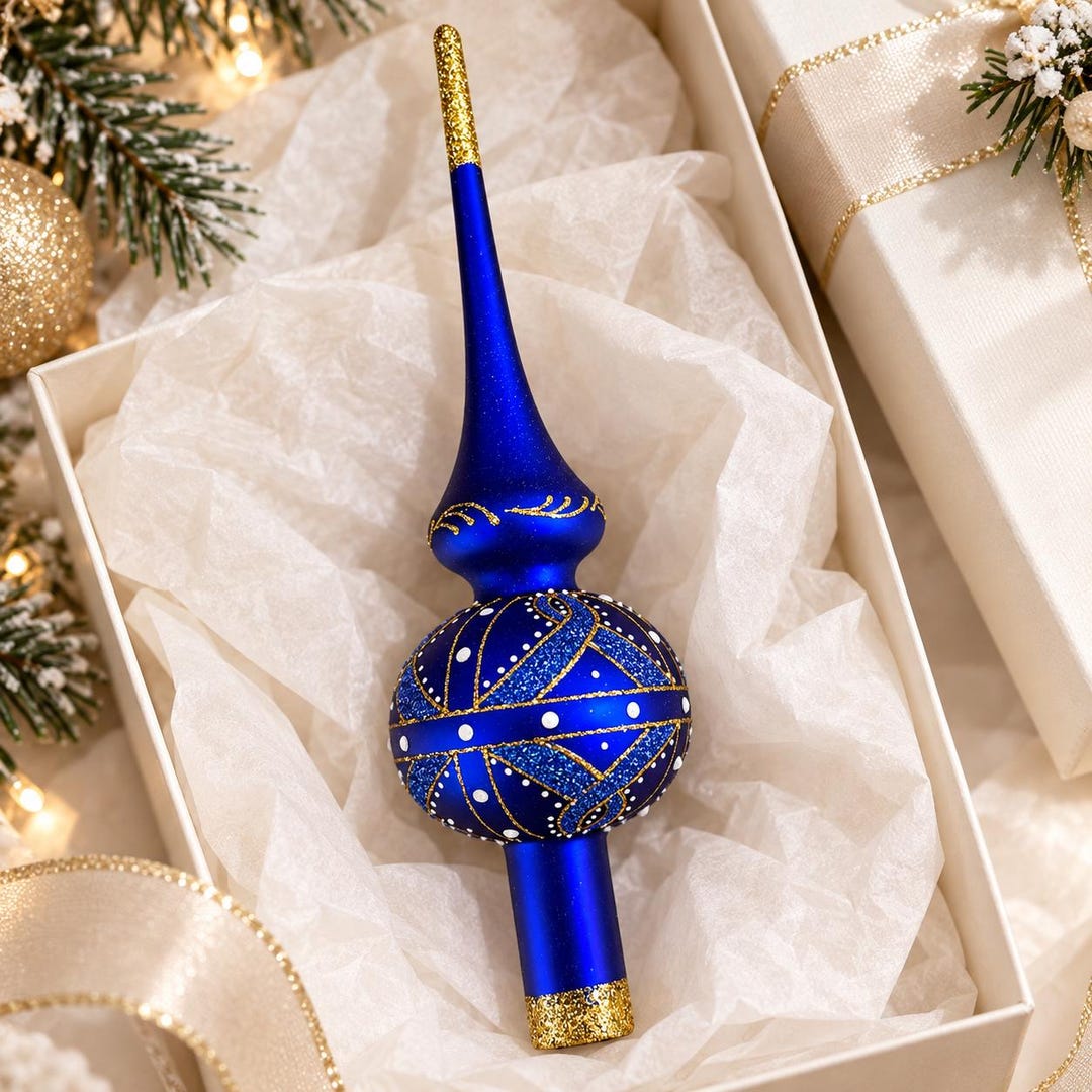 Royal Blue & Gold Geometric Glass Tree Topper – Hand-painted Christmas ...