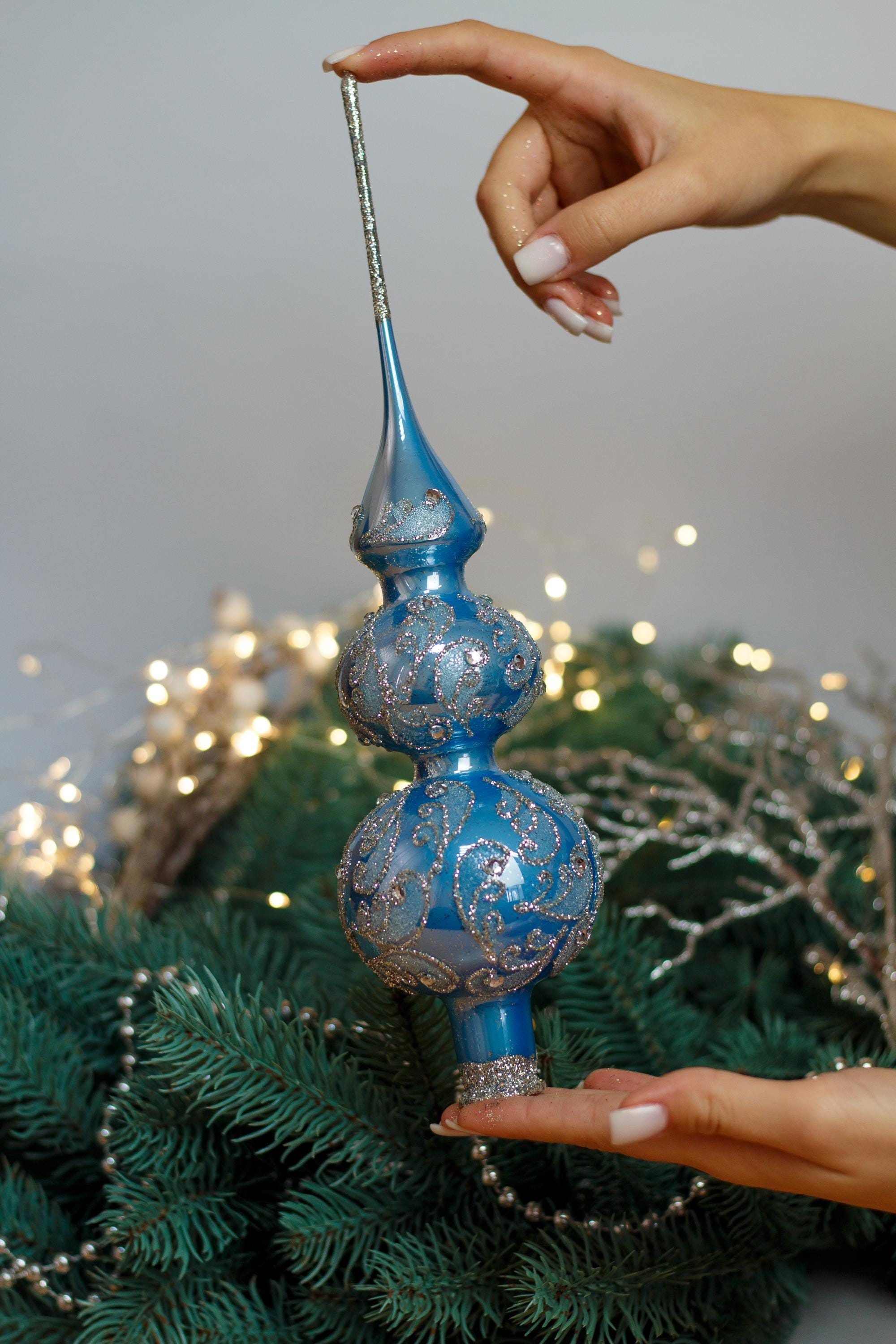 大きな青いクリスマスガラスツリートッパー 14インチ、ツリートッパーアンティーククリスマスオーナメントオーナメントツリーフィニアルトッパートップ、 クリスマス 2025 - Etsy 日本 エレガントなコバルトの花 きらびやかなアクセント ガラス クリスマスツリー トッパー