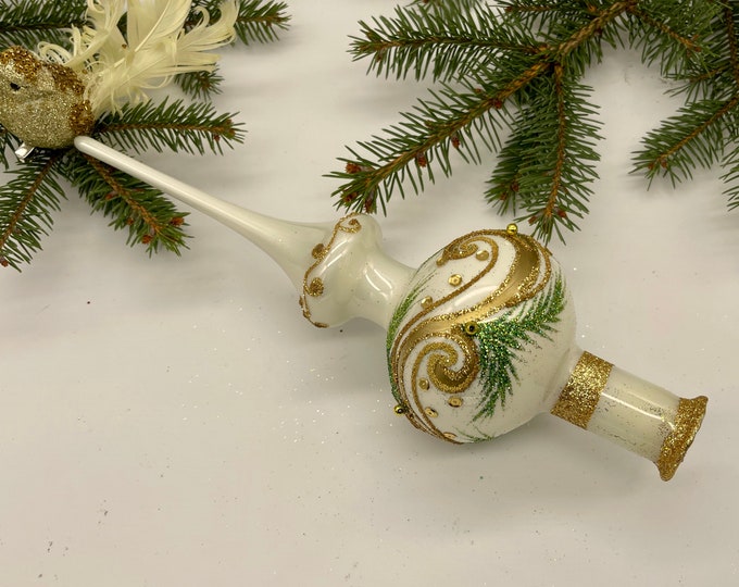 White Vintage Christmas Glass Tree Topper 12 Inches, Stained Glass Tree