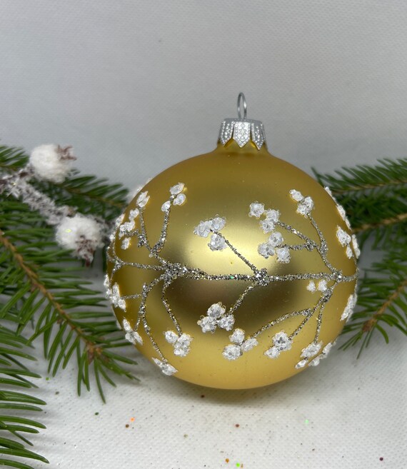 Gold-Weihnachtsglaskugel, Glitzer-Weihnachtsornamente, mundgeblasene Glas-Weihnachtskugel, handgefertigte bemalte Weihnachtsglaskugeln, Weihnachten 2025