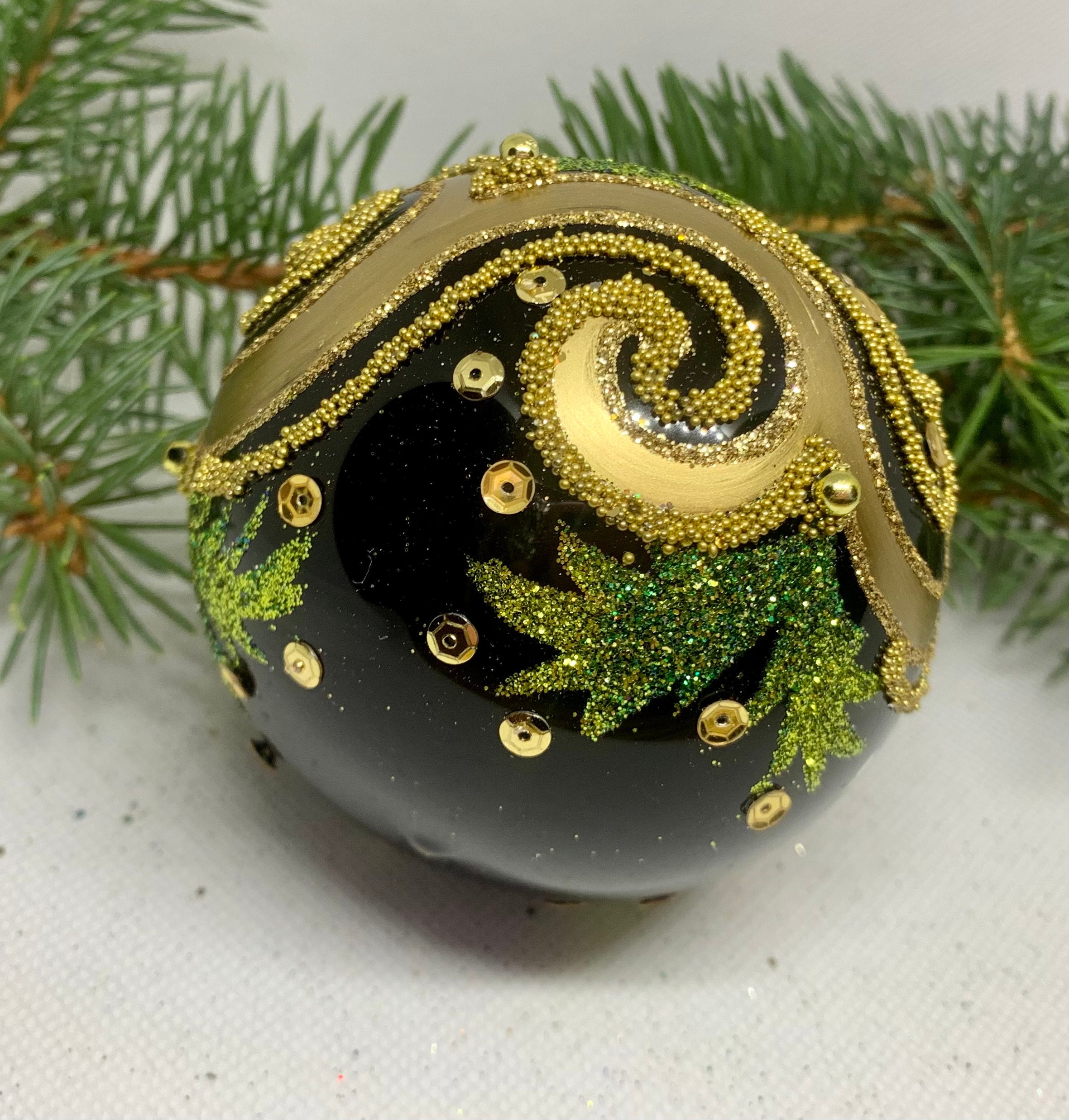 Black Christmas ball ornaments with crystalls with ribbons on w Stock Photo  by ©goldspice0708 7825994