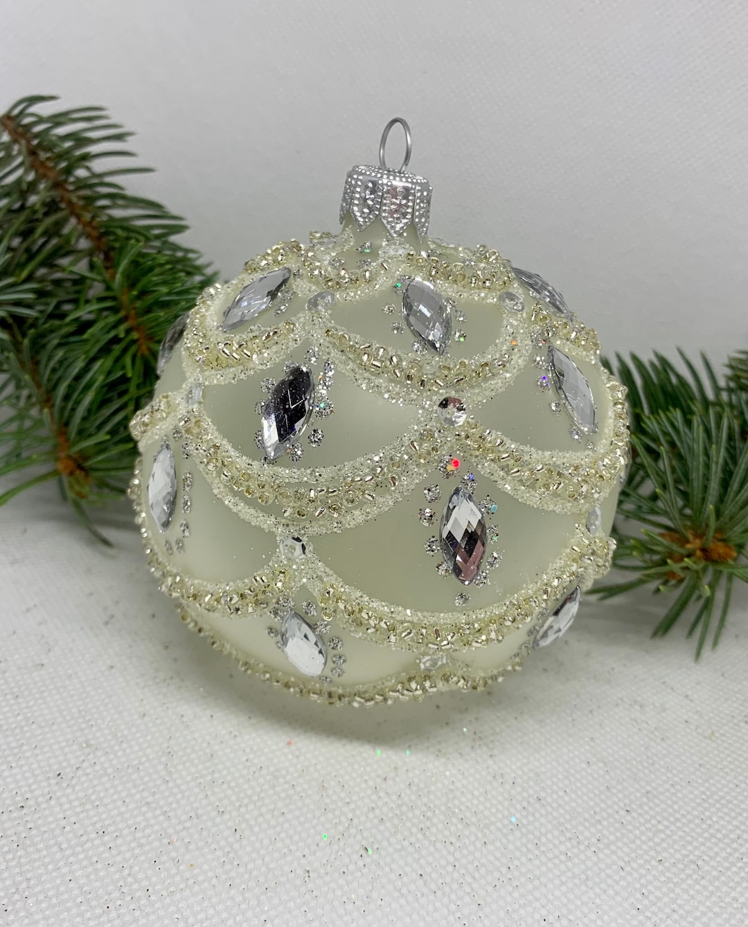 Silver Christmas Glass Ball With Pattern, Glitter Xmas Ornaments, Blown