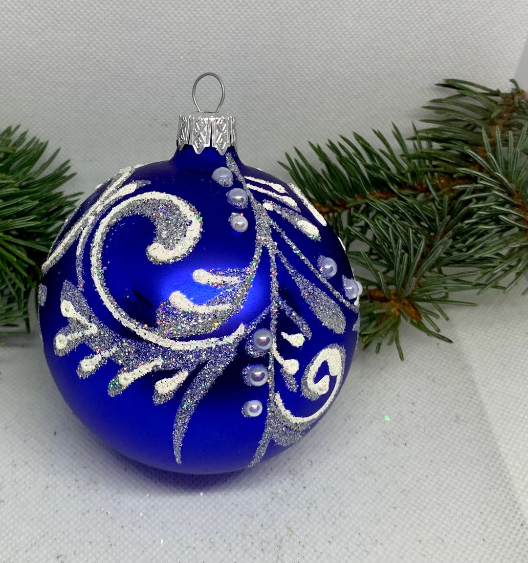 Blue With Silver Christmas Glass Ball , Xmas Ornaments, Blown Glass