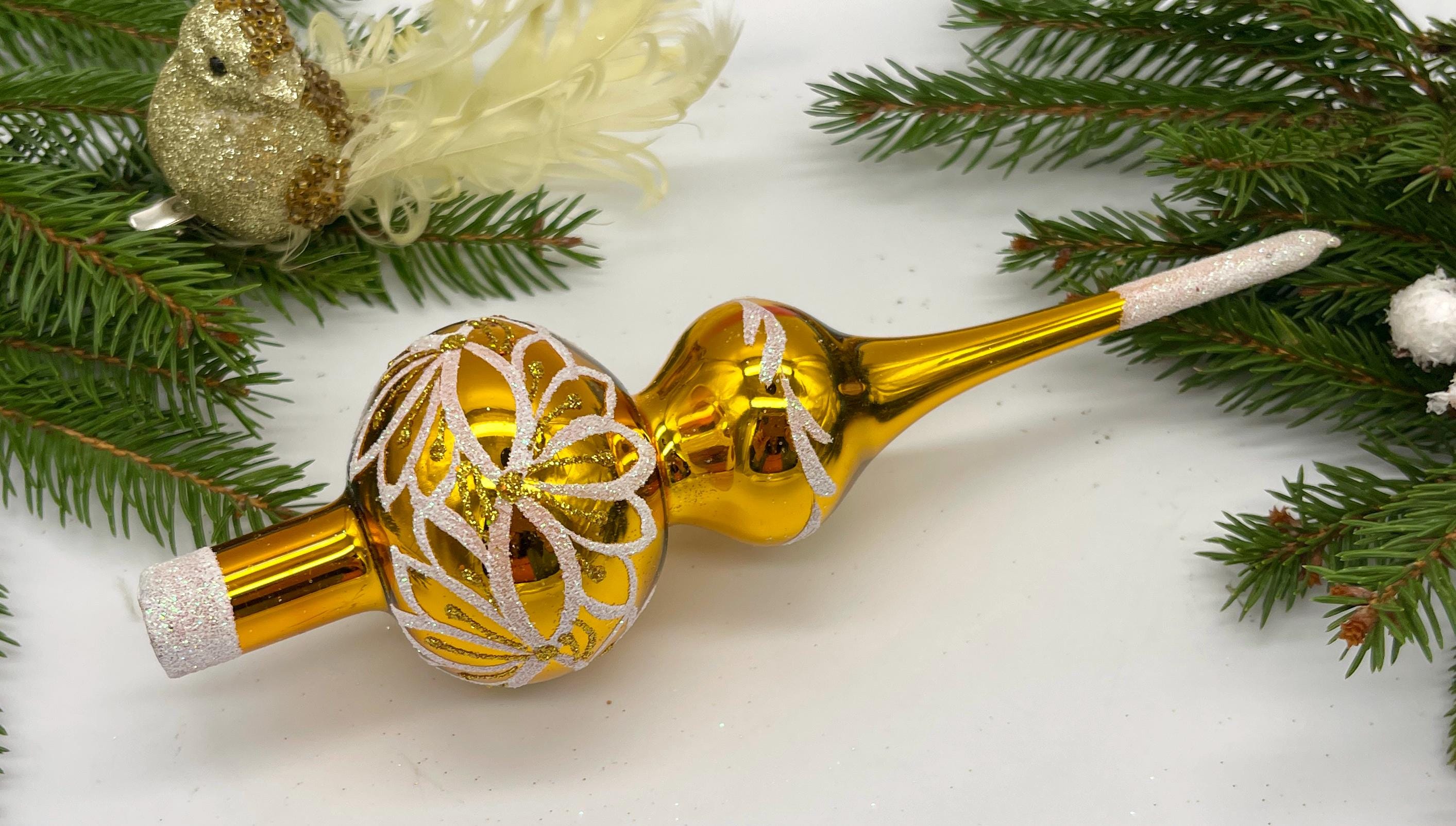 小さなゴールドと白いヴィンテージクリスマスガラスツリートップ8