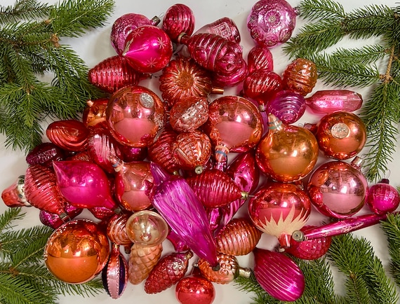 Christmas Pink decor 20 pink christmas glass ornaments antique Xmas Home vintage Decor, 1950s christmas assorsed decoration retro boha decor