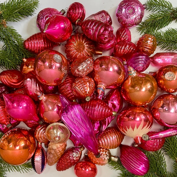 クリスマスピンクの装飾 20個のピンクのクリスマスガラスオーナメントアンティーククリスマスホームヴィンテージ装飾、1950年代のクリスマスアソートデコレーションレトロボハ装飾