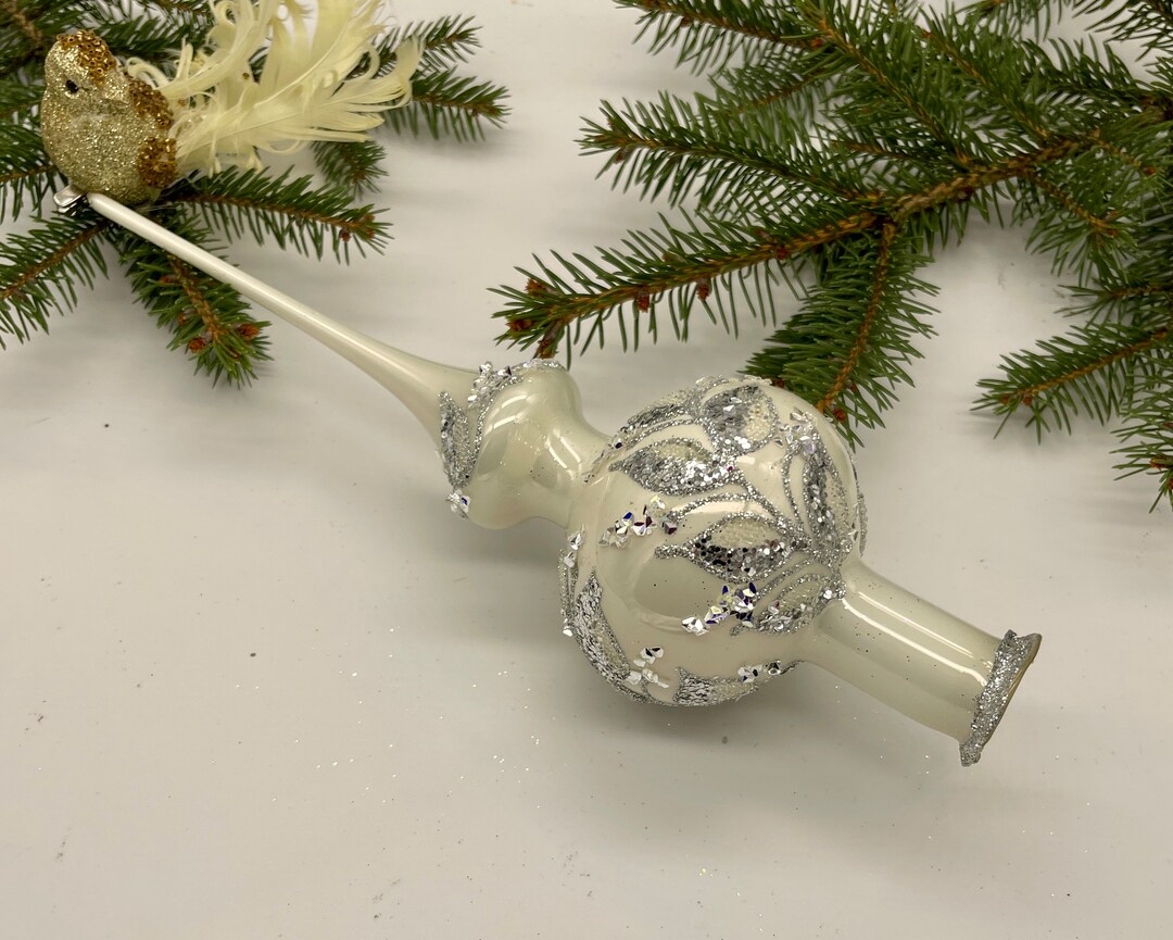 White Vintage Christmas Glass Tree Topper 12 Inches, Stained Glass Tree