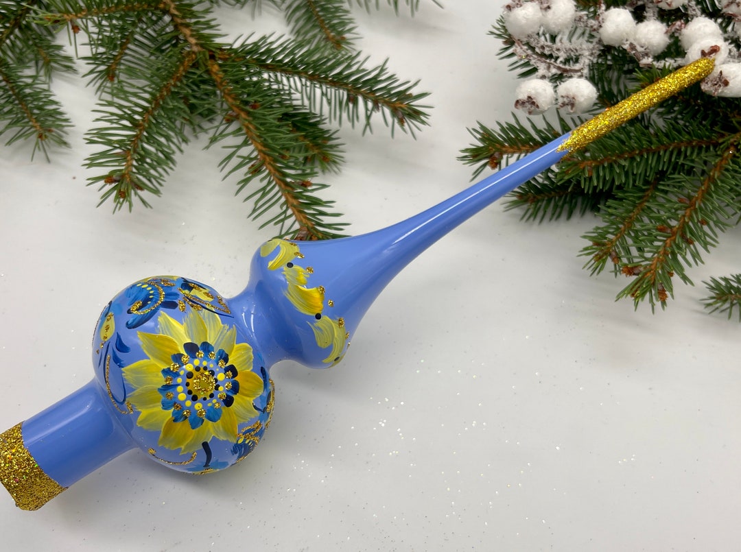 Blue Vintage Christmas Glass Tree Topper 12 Inches, Stained Glass Tree