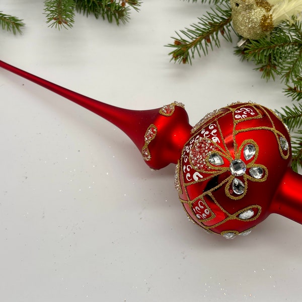 Big red Christmas glass tree topper 14 inches, tree topper antique Christmas ornaments ornament tree finial topper top, XMAS 2023