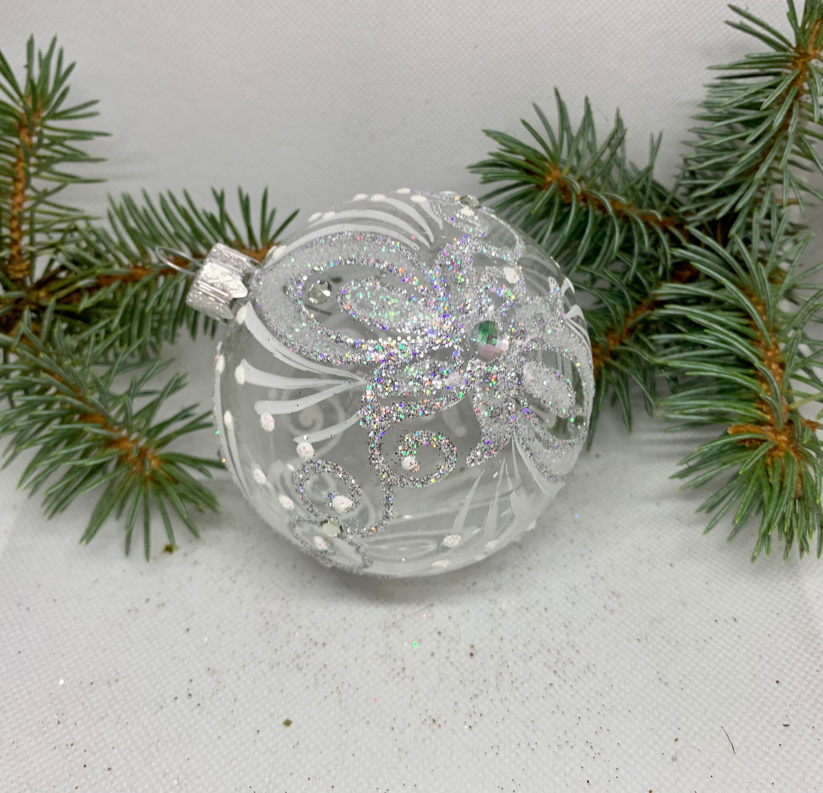 White With Silver Christmas Glass Ball Xmas Ornaments Blown Etsy