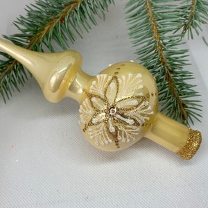 Small yellow with snowflake Christmas glass tree topper, vintage XMAS tree topper, Finial decorations, mercury glass Christmas ornament