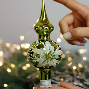 Kleine groene vintage glazen kerstboomspits 8 inch, boomtopper antieke kerstkruisbloemornament, beste glazen topper top, kerstmis 2025