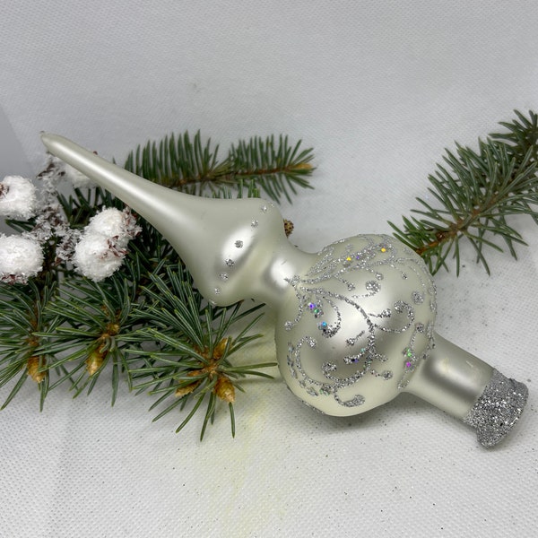 Small whiter vintage Christmas glass tree topper 7 inches, tree topper antique Christmas ornaments ornament tree topper top