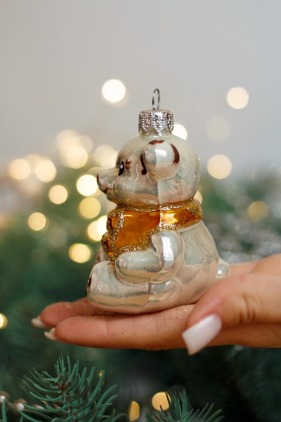 Teddy Bear Christmas Glass Ornament, Mouth Blown Handmade Glass