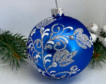 ブルークリスマスガラスボール、キラキラクリスマスオーナメント、吹き