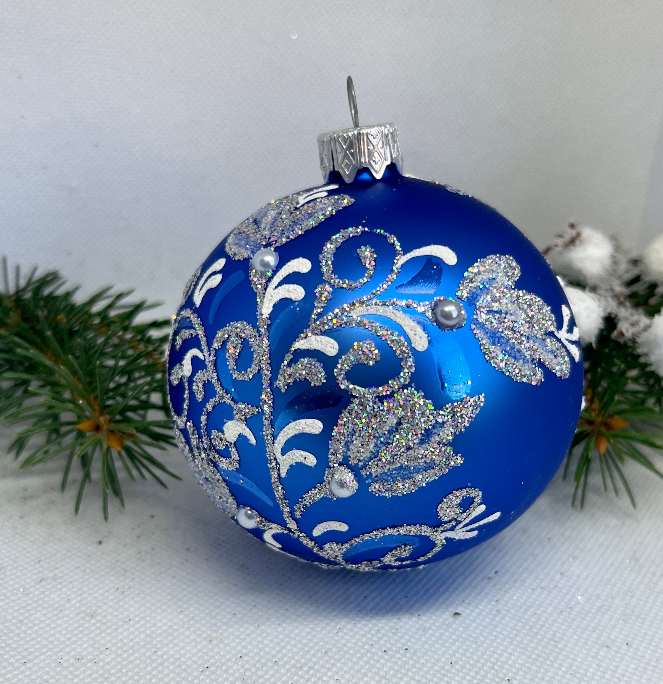 ブルークリスマスガラスボール、キラキラクリスマスオーナメント、吹き