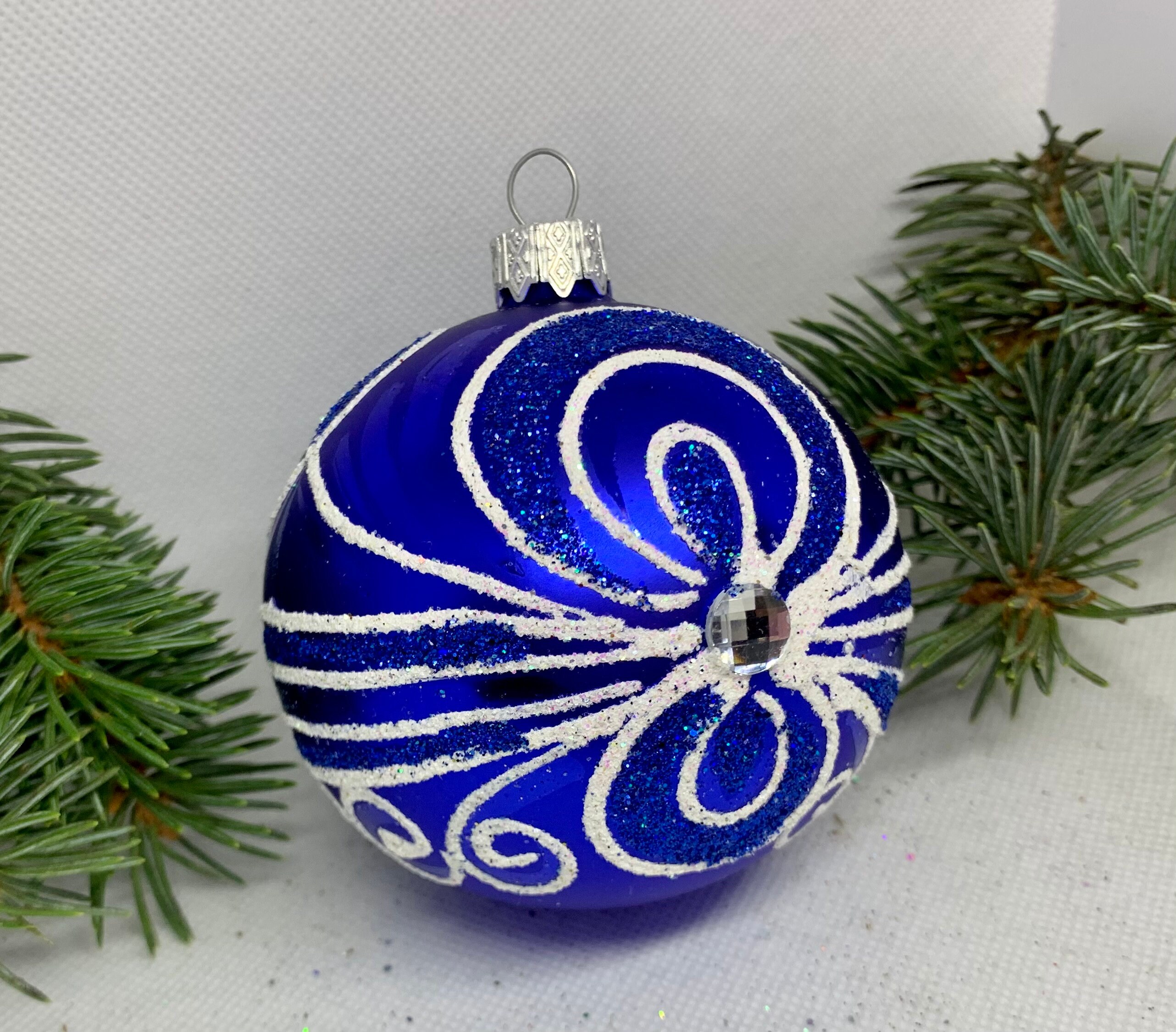 クリスマス飾り　吹きガラス　オーナメントボール7個【シルバーメタリック】 ブルーとシルバーのクリスマスガラスボール、クリスマスオーナメント