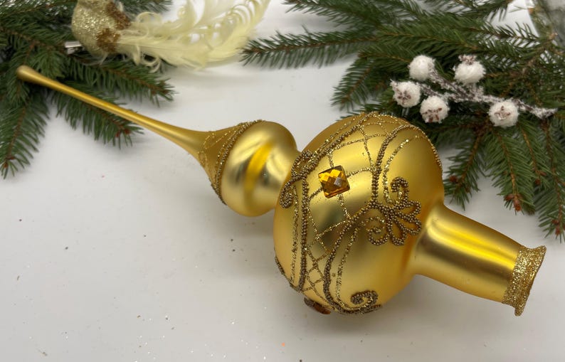 Big Gold Vintage Christmas Glass Tree Topper 12 Inches, Tree Topper