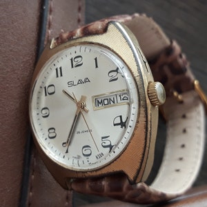 Vintage Slava Mechanical Watch for Men | Retro Wristwatch | Classic Leather Strap | Montre Homme | Manual Wind | Gift for Him
