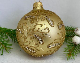 Handmade gold Christmas Glass Ornament - Festive Holiday Decor, Handcrafted Holiday Decoration