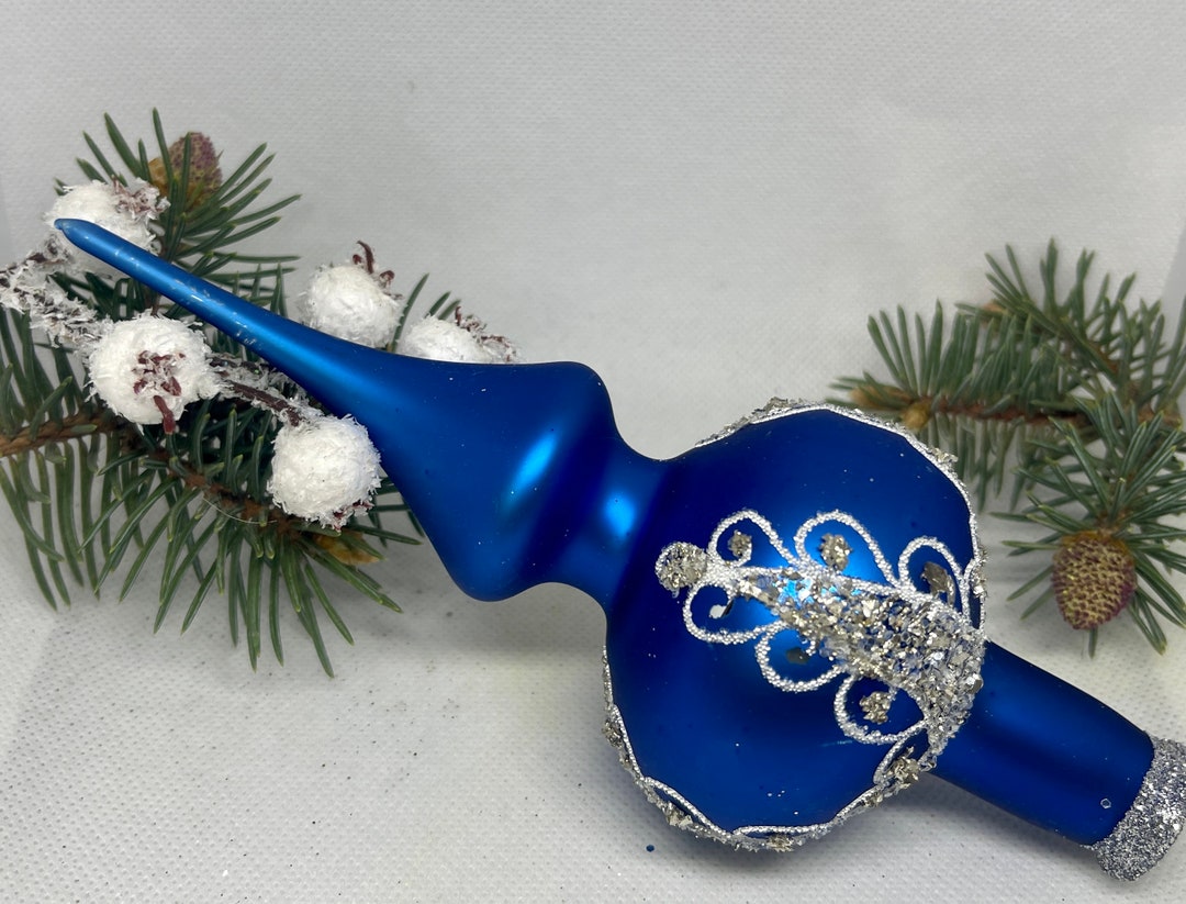 Small Blue Vintage Christmas Glass Tree Topper 7 Inches, Tree Topper Antique Christmas Ornaments