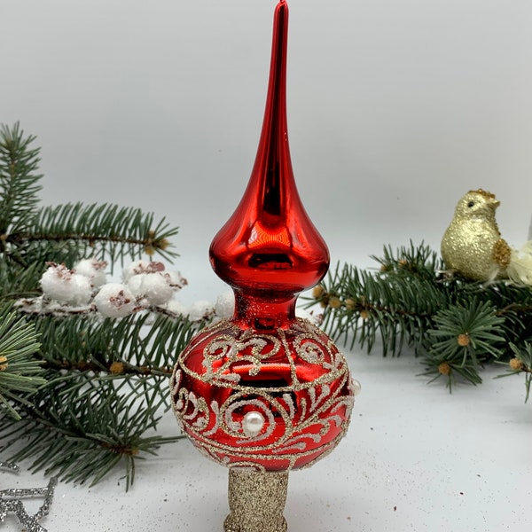 Small red Christmas glass tree topper 8 inches, tree topper antique Christmas ornaments ornament tree topper top