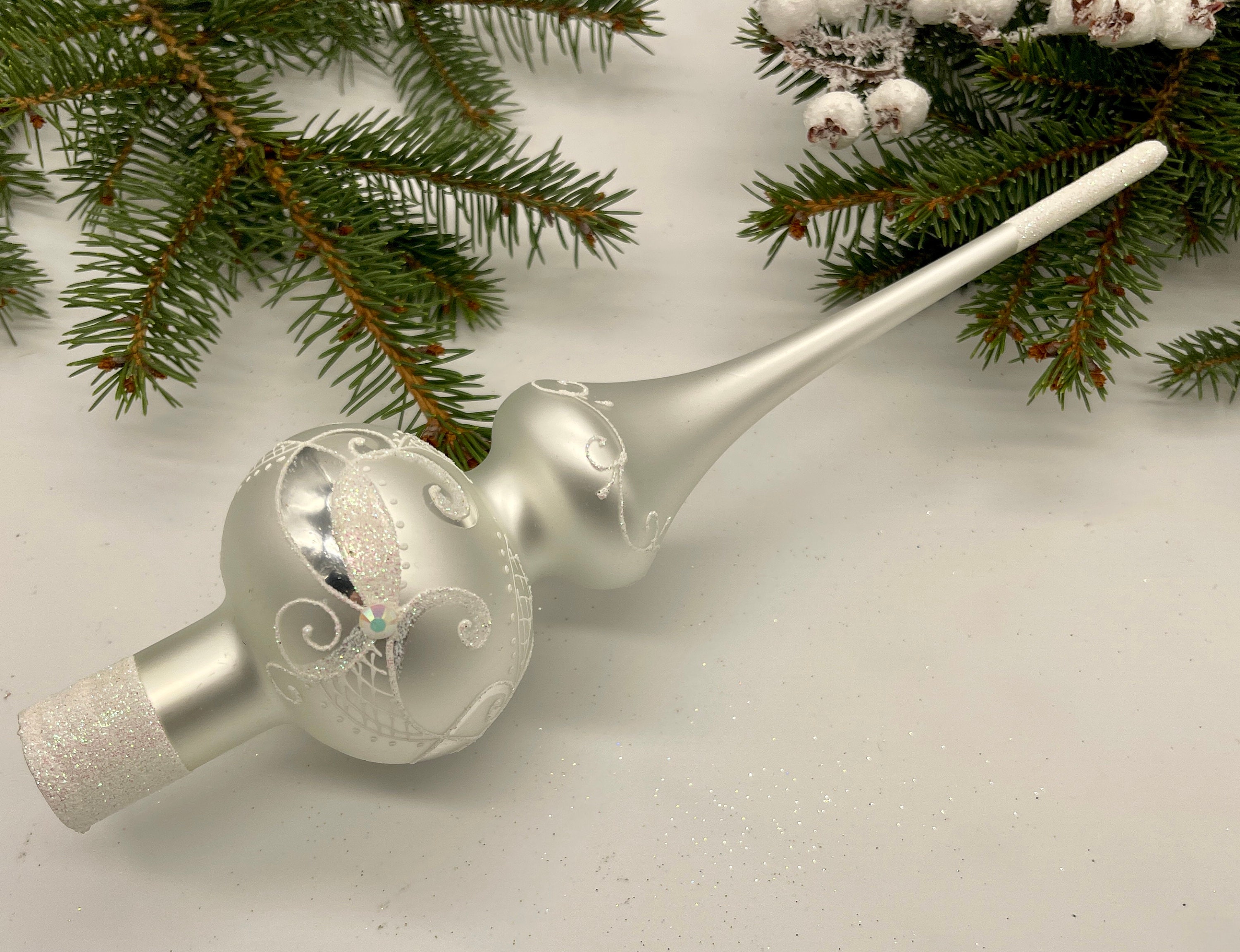 ホワイトヴィンテージクリスマスガラスツリートッパー12インチ