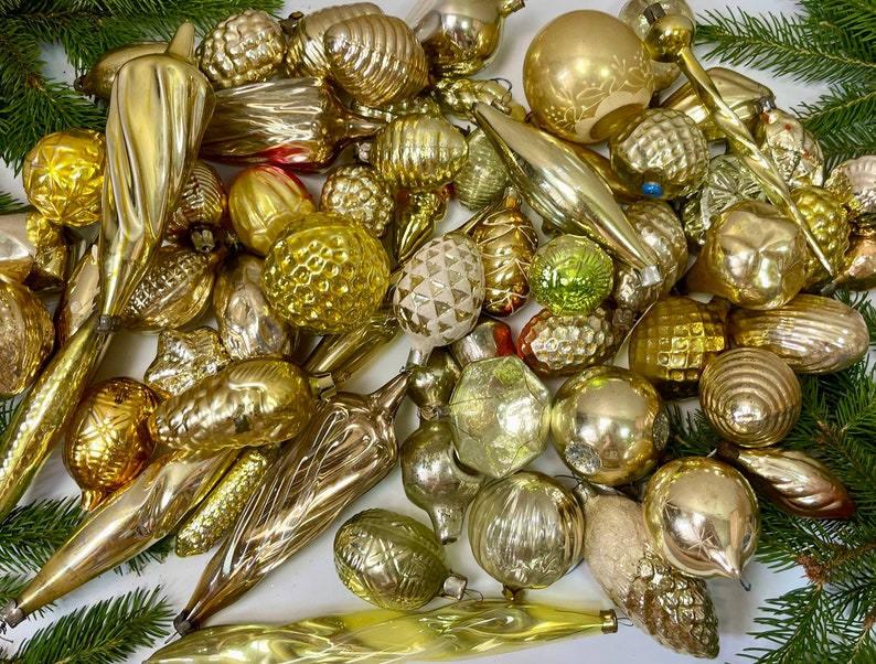 50 gold christmas glass ornaments antique Xmas Home Decor Gold, 1950s christmas decoration, vintage shiny Christmas, retro boha glass decor