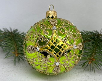 Green Christmas glass Ball, Glitter Xmas Ornaments, Blown Glass Christmas ball,Handmade Paited Christmas glass Bauble