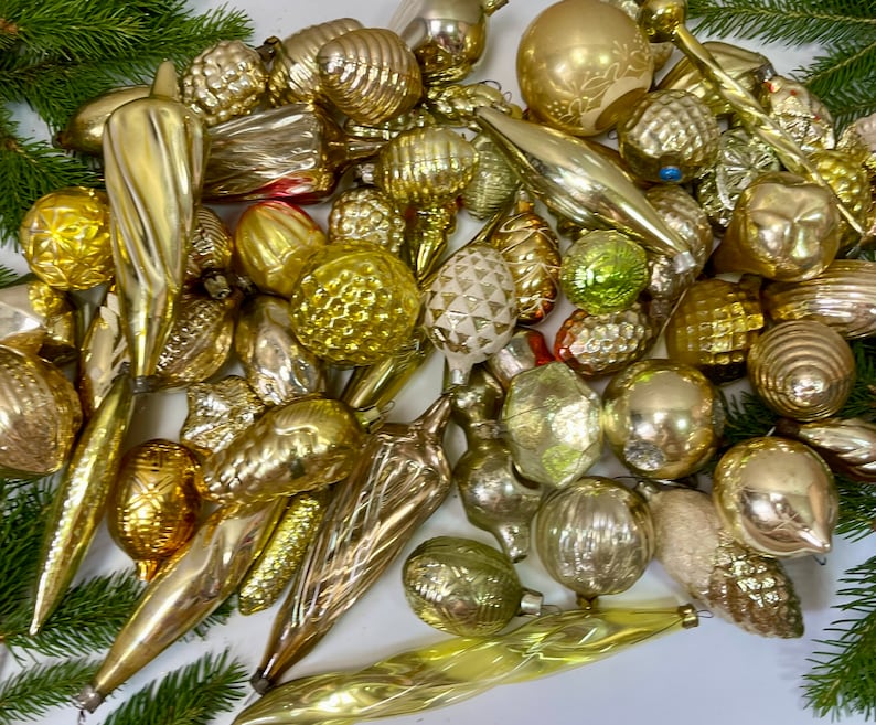 50 gold christmas glass ornaments antique Xmas Home Decor Gold, 1950s christmas decoration, vintage shiny Christmas, retro boha glass decor