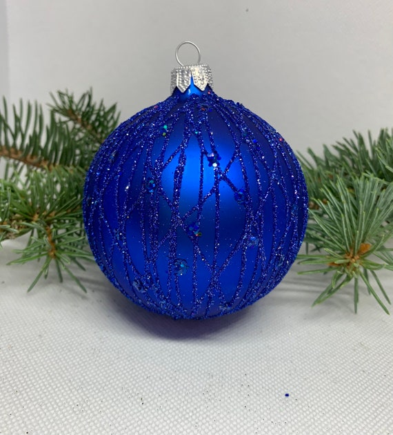 Blaue Weihnachtskugel aus Glas, glitzernder Weihnachtsschmuck, mundgeblasene Weihnachtskugel aus Glas, handbemalte Weihnachtskugeln aus Glas