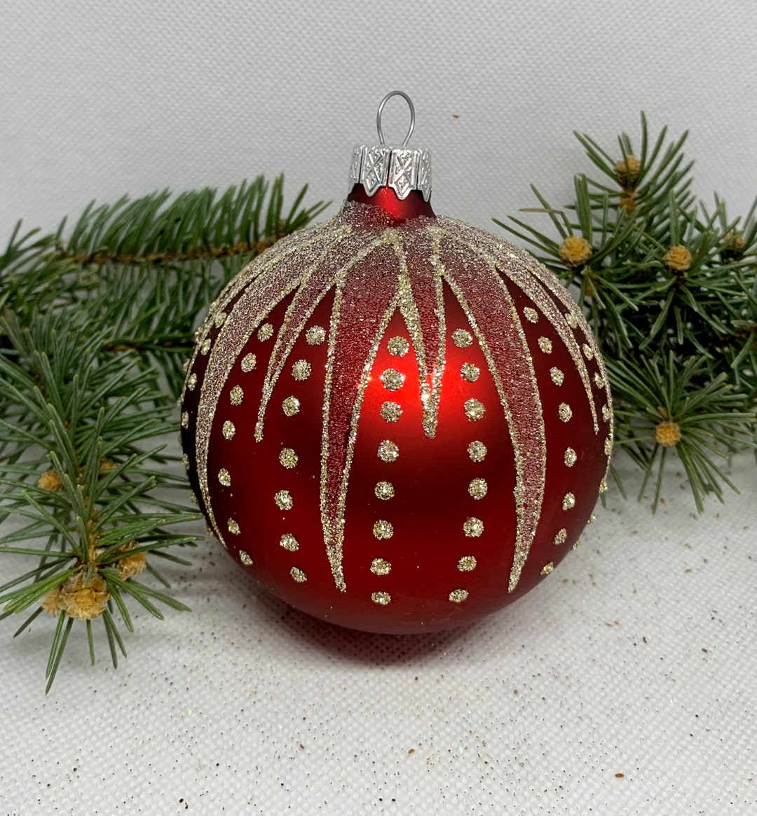 Red Christmas Glass Ball With Pattern, Glitter Xmas Ornaments, Blown ...