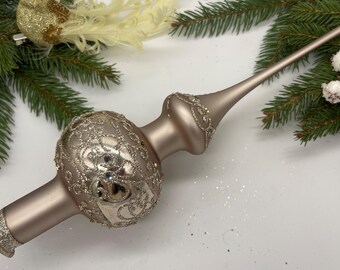 ヴィンテージカカオクリスマスガラスツリートッパー9インチ、ステンド