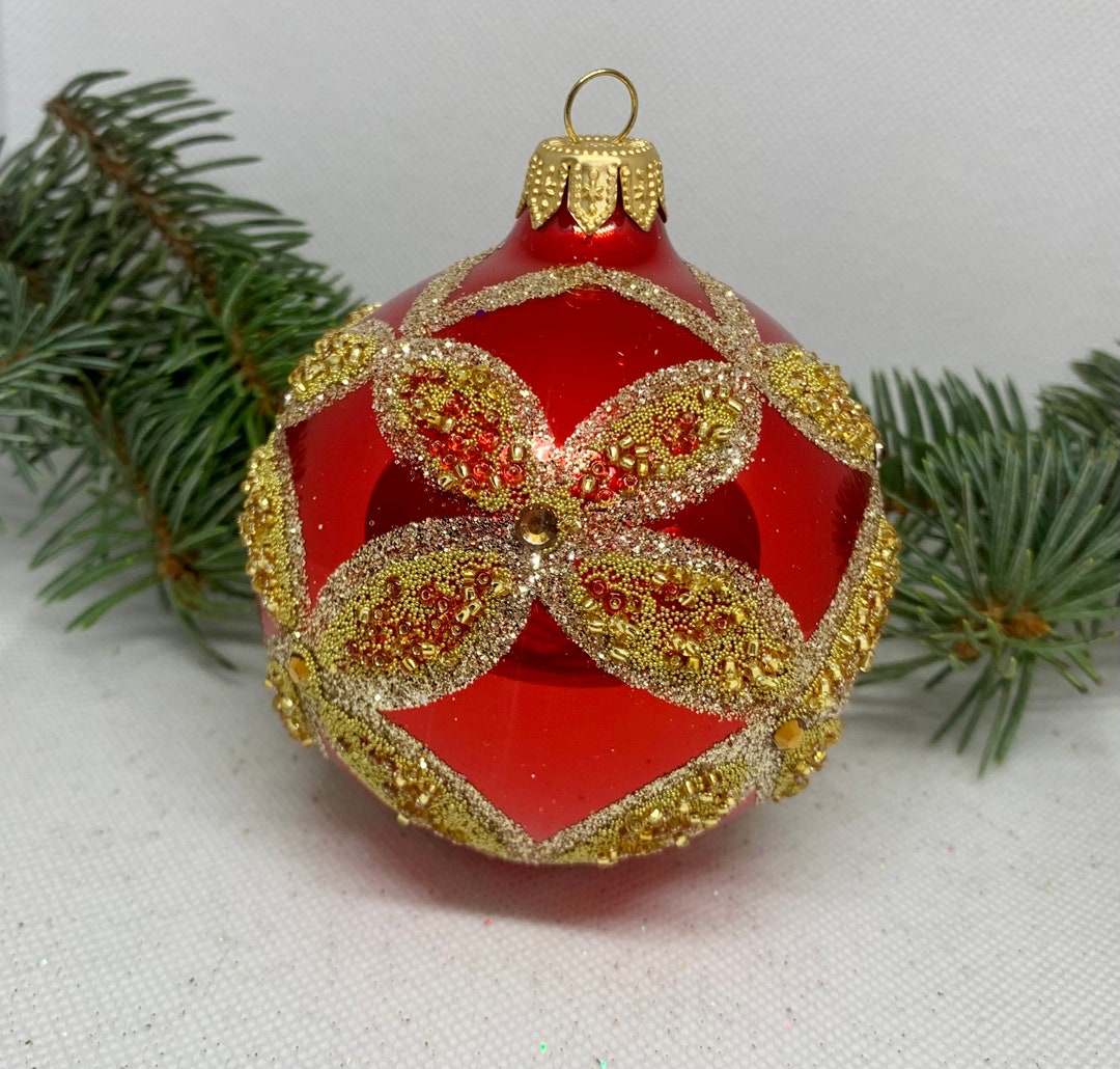 Red Christmas Glass Ball With Gold, Glitter Xmas Ornaments, Blown Glass