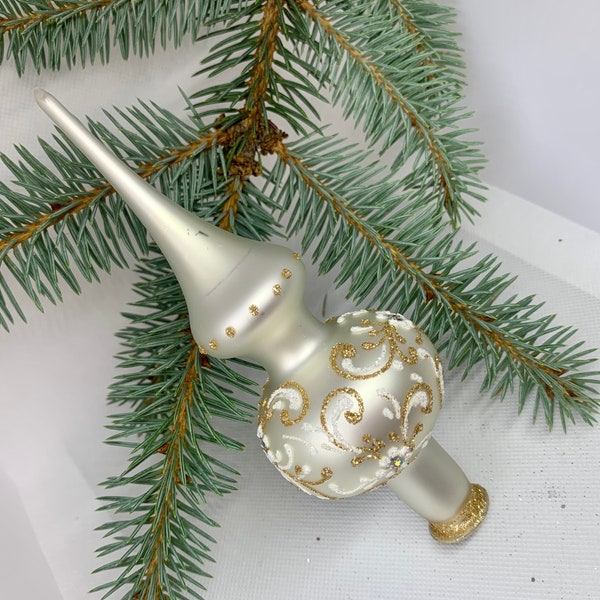 Small white with pattern Christmas glass tree topper 8 inches,vintage XMAS tree topper, Finial decorations, mercury glass Christmas ornament