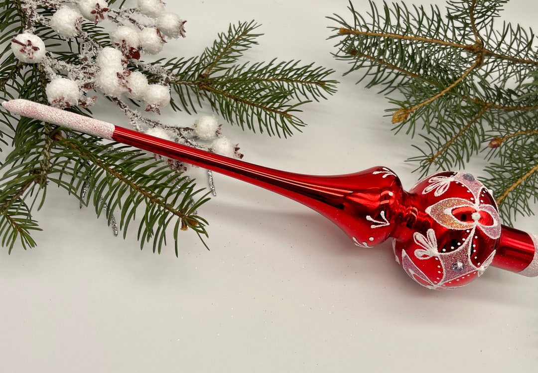 Vintage Red Christmas Glass Tree Topper 10 Inches, Tree Topper Antique